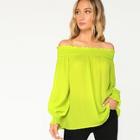 Romwe Neon Yellow Shirred Panel Off Shoulder Top
