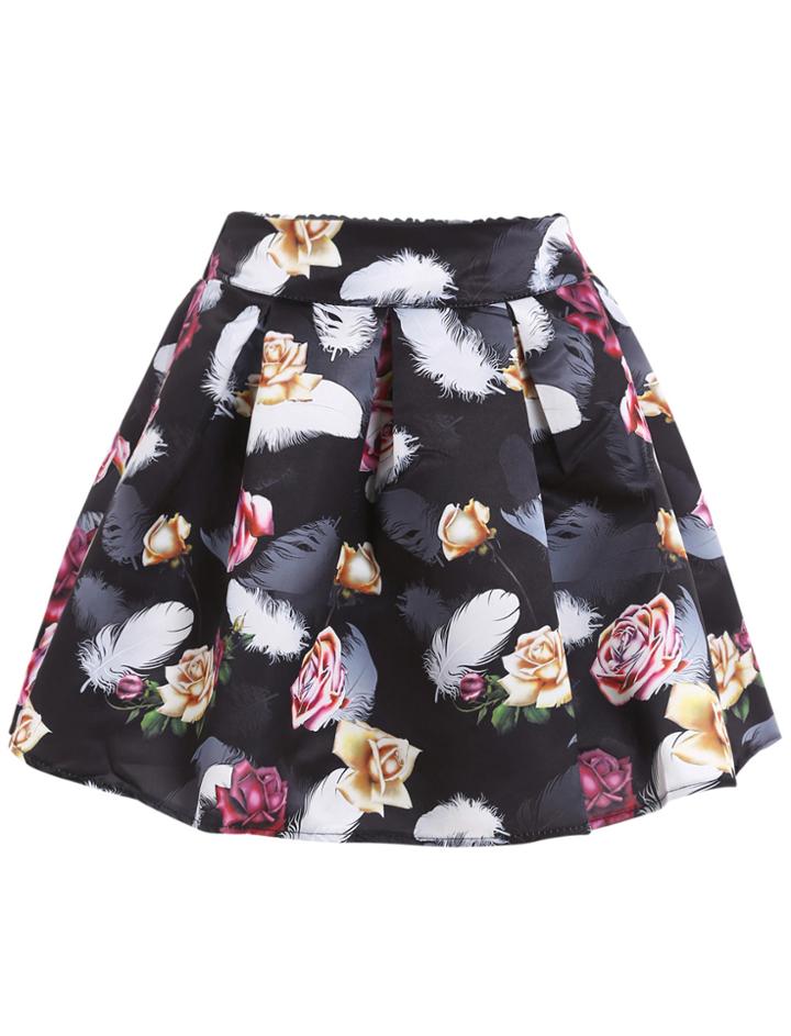 Romwe Rose Feather Print Flare Black Skirt