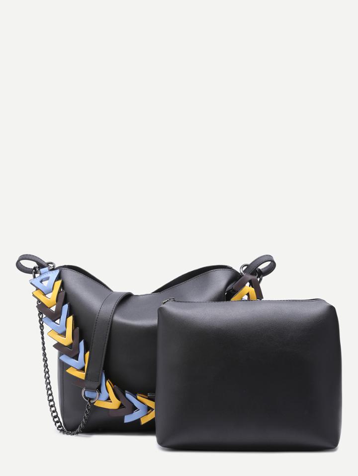 Romwe Black Pu 2pcs Bag Set With Convertible Strap
