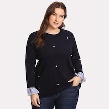Romwe Plus Contrast Stripe Pearl Beading Pullover