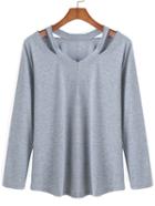 Romwe V Neck Long Sleeve Hollow Grey T-shirt