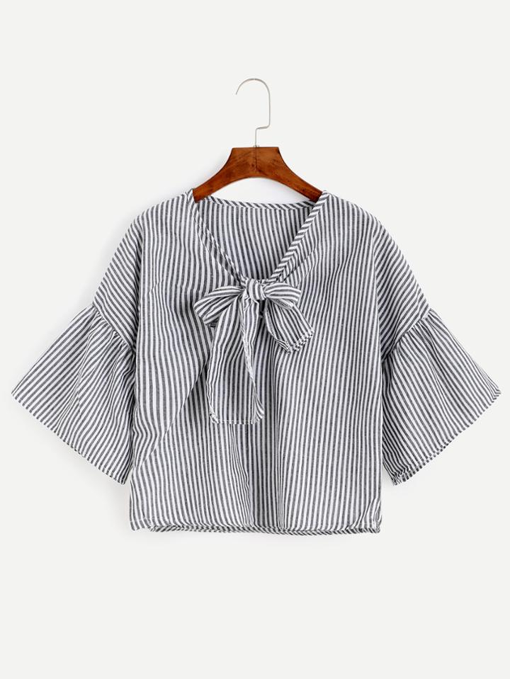 Romwe Black Vertical Striped Bow Tie Front Bell Sleeve Top