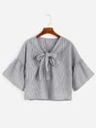 Romwe Black Vertical Striped Bow Tie Front Bell Sleeve Top