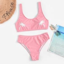 Romwe Coconut Palm Pattern Tank Top With Seam Detail Bikini