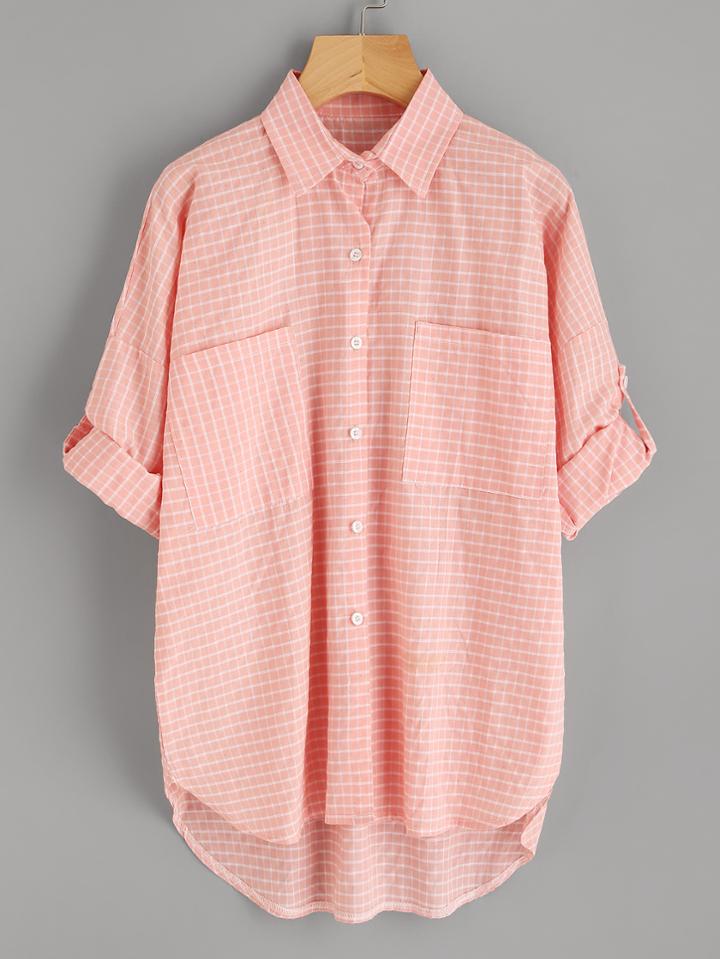 Romwe Rolled Sleeve Checked Dip Hem Shirt
