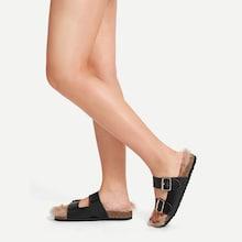 Romwe Faux Fur Buckle Decor Slippers