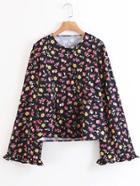 Romwe Calico Print Bell Sleeve Blouse