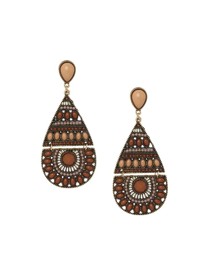 Romwe Cutout Faux Stone Encrusted Drop Earrings - Brown