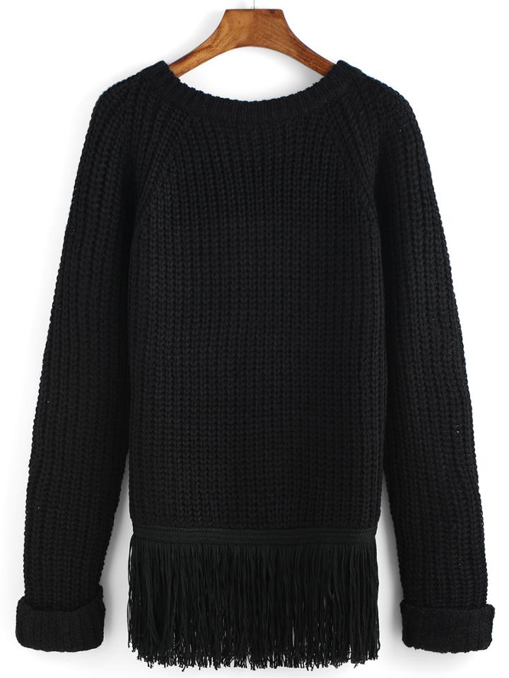 Romwe Round Neck Tassel Loose Black Sweater