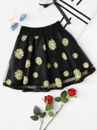 Romwe Mesh Overlay Daisy Print Skirt