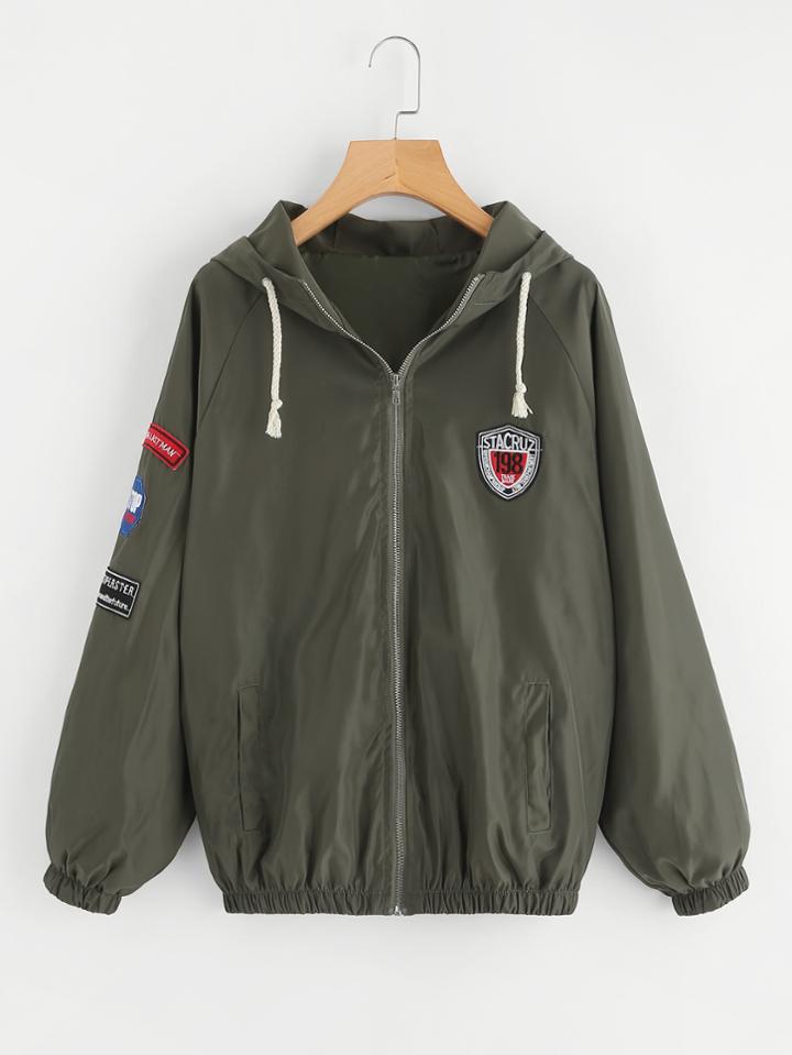 Romwe Raglan Patch Detail Hooded Jacket