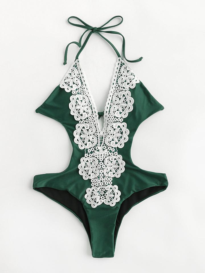 Romwe Contrast Crochet Plunge Neckline Monokini