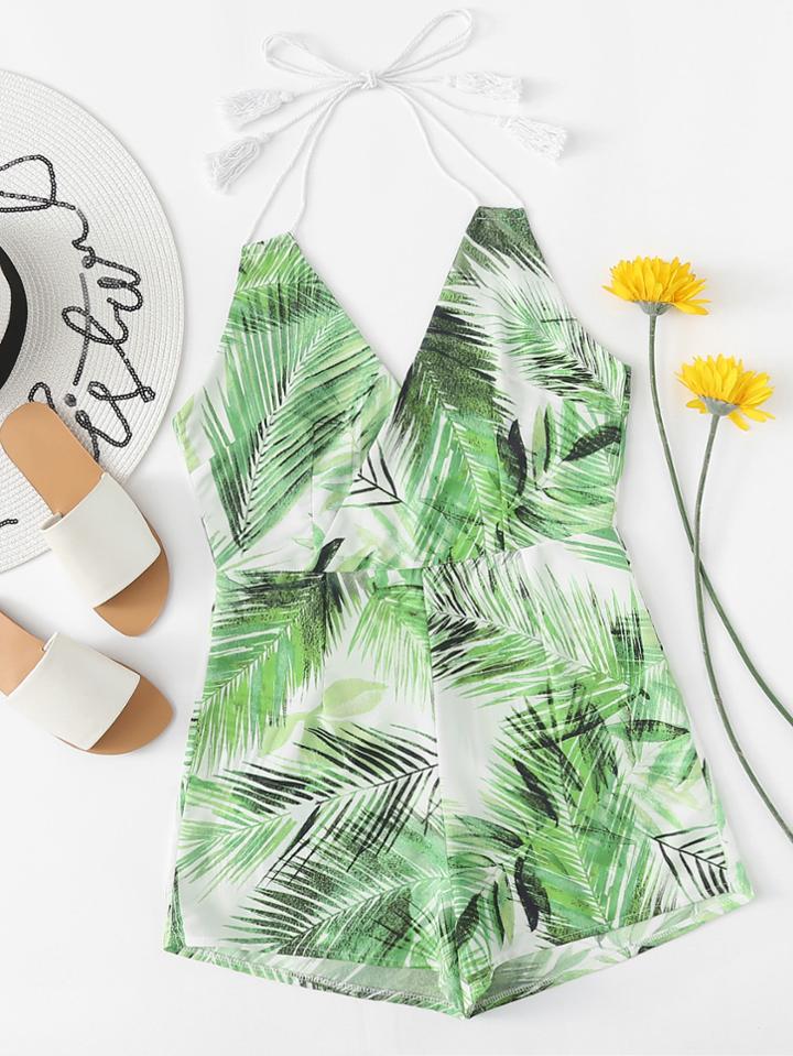 Romwe Tropical Print Wrap Romper