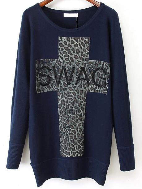 Romwe Leopard Cross Print Navy Sweater