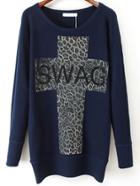 Romwe Leopard Cross Print Navy Sweater