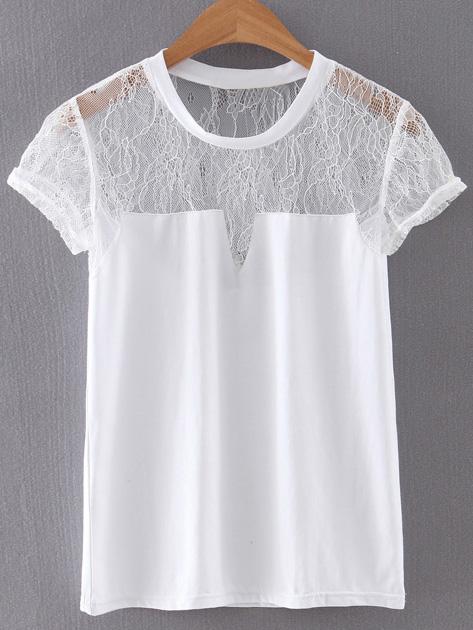 Romwe White Cap Sleeve Lace Splicing Blouse