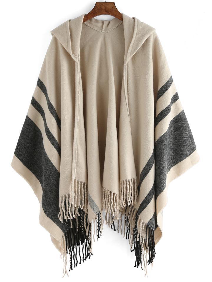 Romwe Hooded Striped Fringe Poncho
