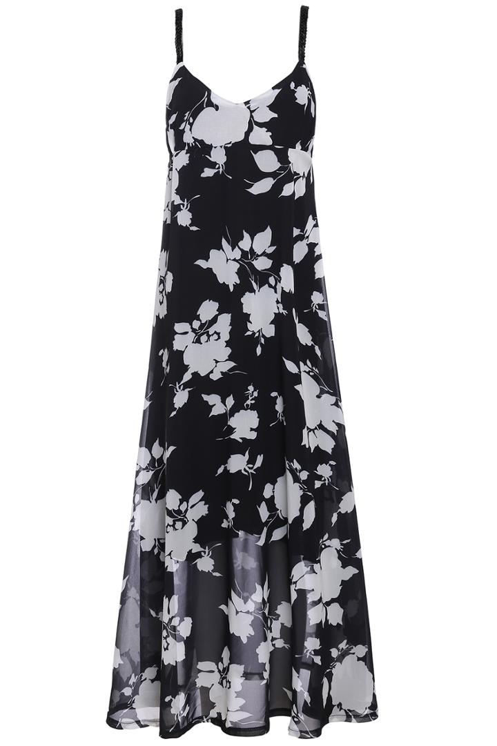 Romwe Spaghetti Strap Florals Black Dress