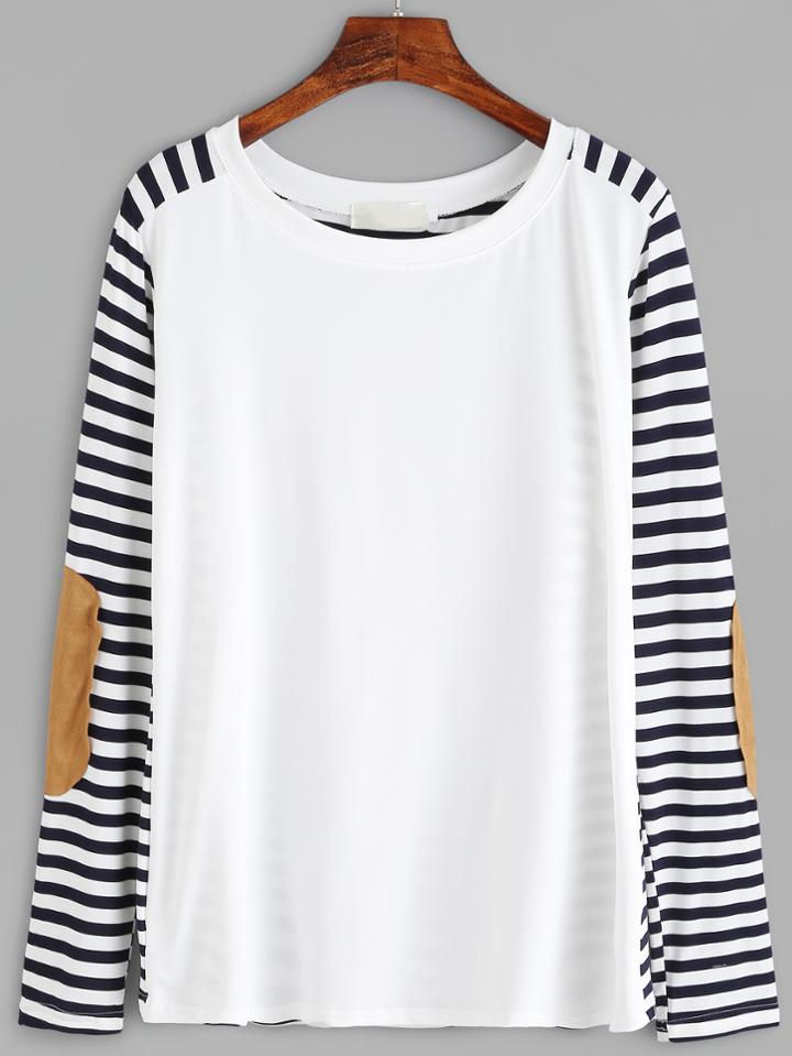 Romwe Eblow Patch Striped T-shirt