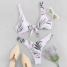 Romwe Knot Front Random Leaf Print Bikini Set
