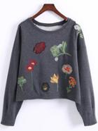 Romwe Heather Grey Raglan Sleeve Embroidered Sweatshirt