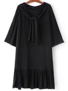 Romwe Black Zipper Self Tie Plain Dress