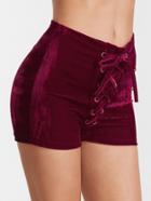 Romwe Burgundy Lace Up Front Skinny Velvet Shorts