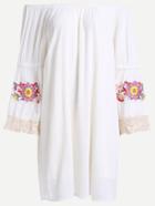 Romwe White Crochet Trim Embroidered Off The Shoulder Dress