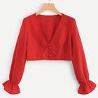 Romwe Single Breasted V Neck Blouse