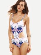 Romwe Braided Strap Cutout Multicolor Printed One-piece Swimwear