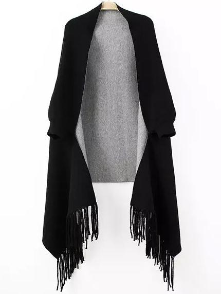 Romwe Women Fringe Black Poncho Sweater