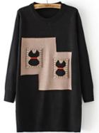 Romwe Contrast Cat Pattern Jersey Black Sweater Dress