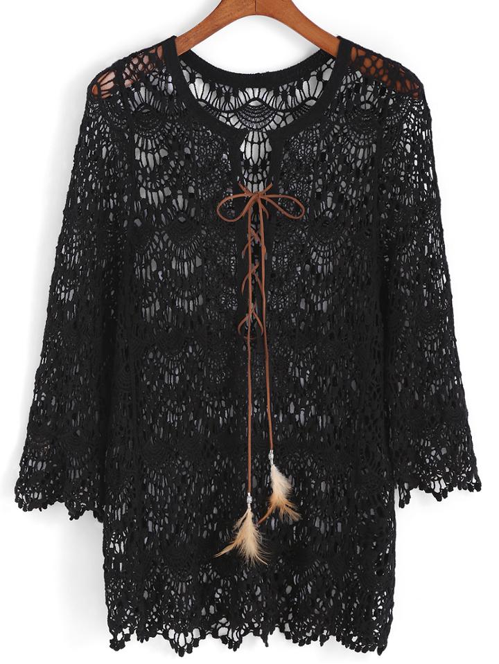 Romwe Crochet Hollow Lace Up Black Blouse