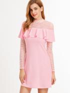 Romwe Pink Embroidered Lace Yoke And Sleeve Ruffle Dress