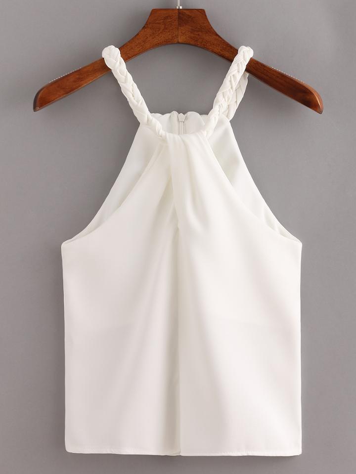 Romwe Braided Halter Neck Chiffon Top - White