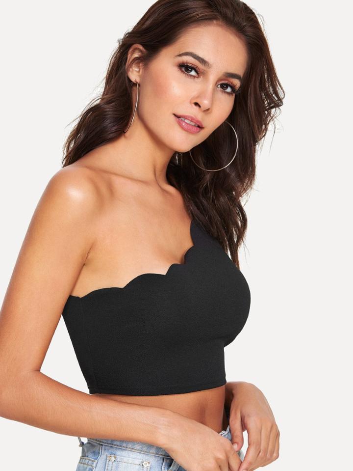Romwe Scallop Trim One Shoulder Crop Top