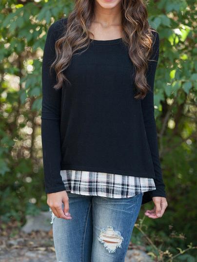 Romwe Black Crew Neck Plaid Hem Blouse