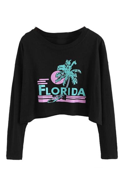 Romwe Florida And Coconut Tree Print Midriff T-shirt