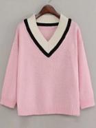 Romwe Pink V Neck Chevron Pattern Drop Shoulder Sweater