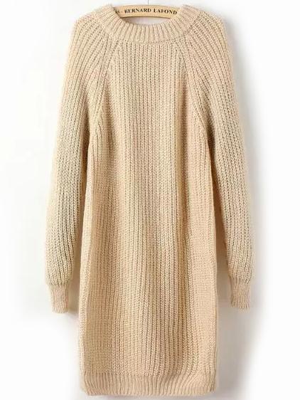 Romwe Crew Neck Raglan Sleeve Apricot Sweater Dress