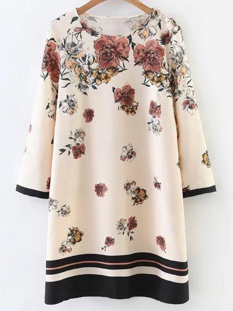 Romwe Apricot Floral Print Contrast Trim Dress
