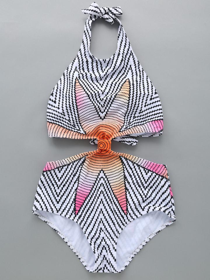 Romwe White Starfish Print Halter Cut Out Swimwear