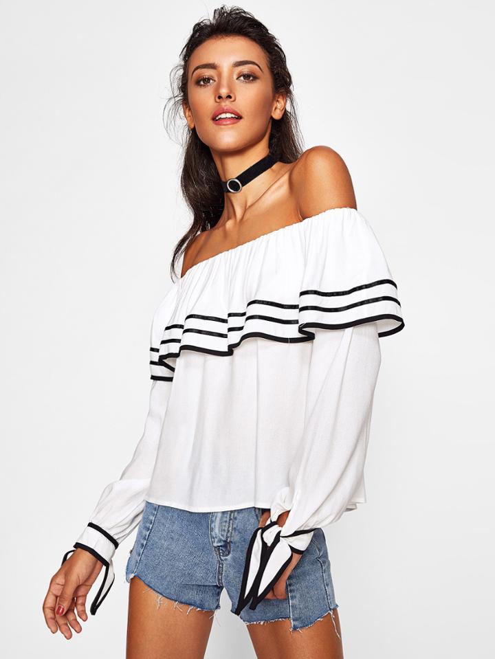 Romwe Flounce Layered Neckline Knot Cuff Contrast Trim Blouse