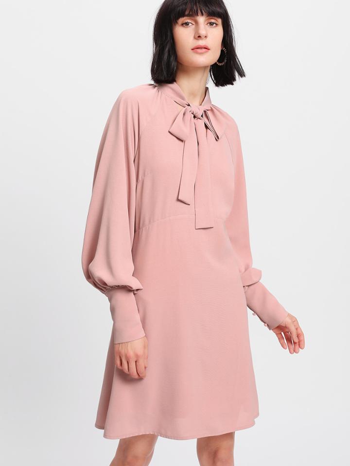 Romwe Tie Neck Bishop Sleeve Dress