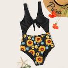 Romwe Random Sunflower Print Cut-out One Piece Swimsuit