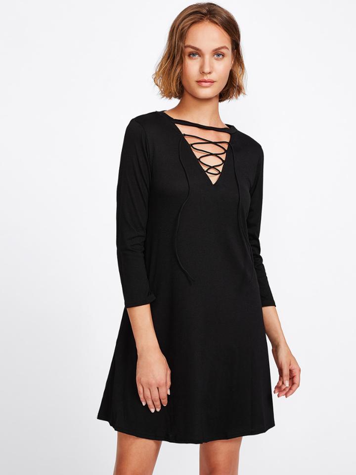 Romwe V Neckline Lace Up Front Dress