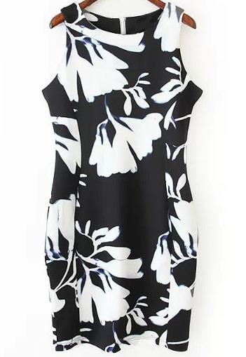 Romwe Black Sleeveless Floral Bodycon Dress