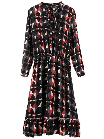 Romwe Tie Neck Geometric Print Ruffle Black Dress
