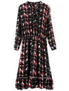 Romwe Tie Neck Geometric Print Ruffle Black Dress