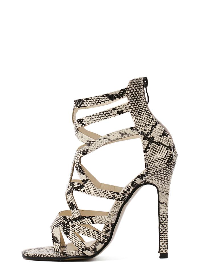 Romwe Faux Snake Embossed Leather Cutout Heeled Sandals